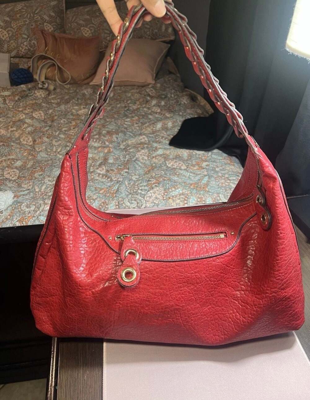 Jessica Simpson Red Textured Leather Hobo Shoulder Bag with Braided Strap